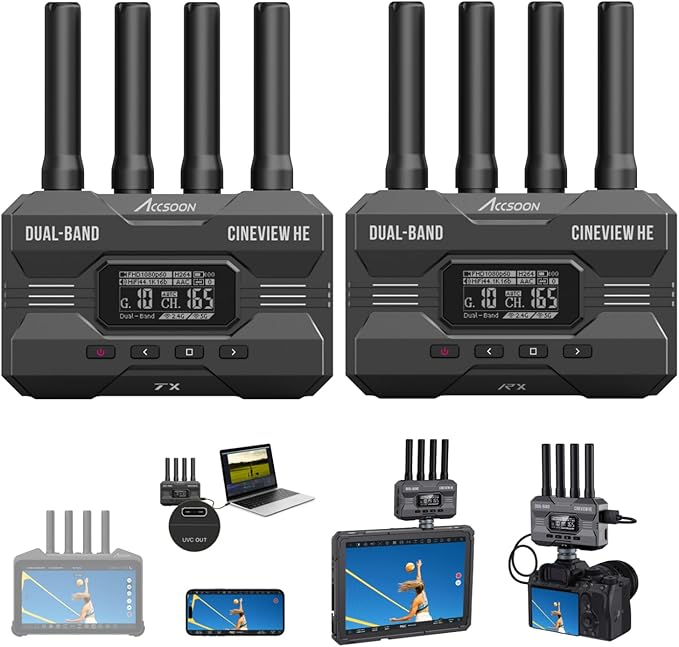 Accsoon CineView HE Wireless Video Transmitte&Receiver, 2.4+5Ghz, UVC Out for Live Streaming 1080p60 0.06s Latency 1200ft Range up to 4 Devices Monitoring, Compatible with CineView M7 Pro/2 SDI/SE