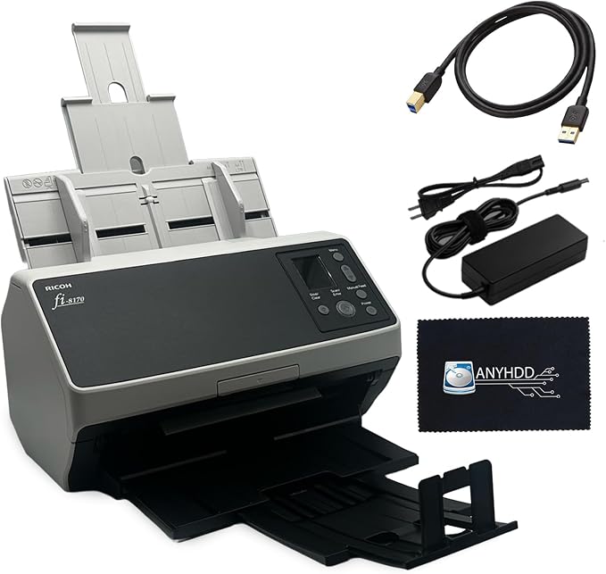 Fi-8170 Professional High Speed Color Duplex Document Scanner -1 Year Warranty, Network Enabled, Scanner High Volume with Power Adapter + USB 3.2 Cable + Microfiber Cloth Included
