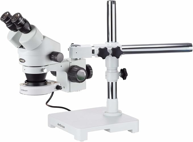 AmScope SM-3B-80S Professional Binocular Stereo Zoom Microscope, WH10x | 7X-45X Magnification Range 80 LED Ring Light 360° Multi-Axis Head Rotation Single-Arm Boom Stand