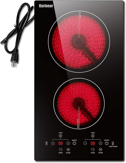 Karinear 2 Burners Electric Cooktop, 110v Plug in Ceramic Cooktop, 12 Inch