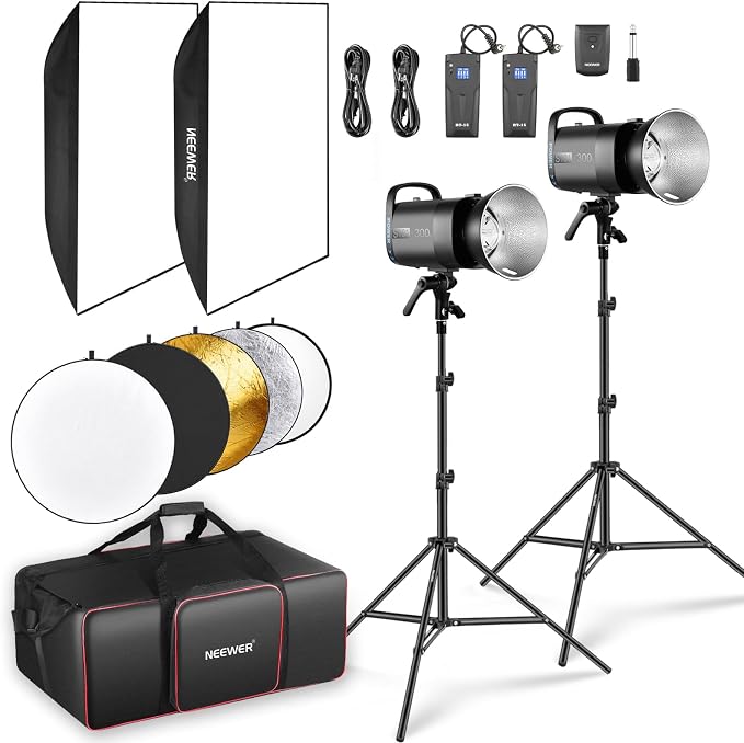 NEEWER 600Ws Studio Monolight Flash Light Kit: 2 Pack S101-300W 5600K Strobe Lights with 150W Modeling Lamps/Bowens Mount/Softboxes/Stands, Reflector/RT-16 Trigger/Bag for Photography Portrait Product