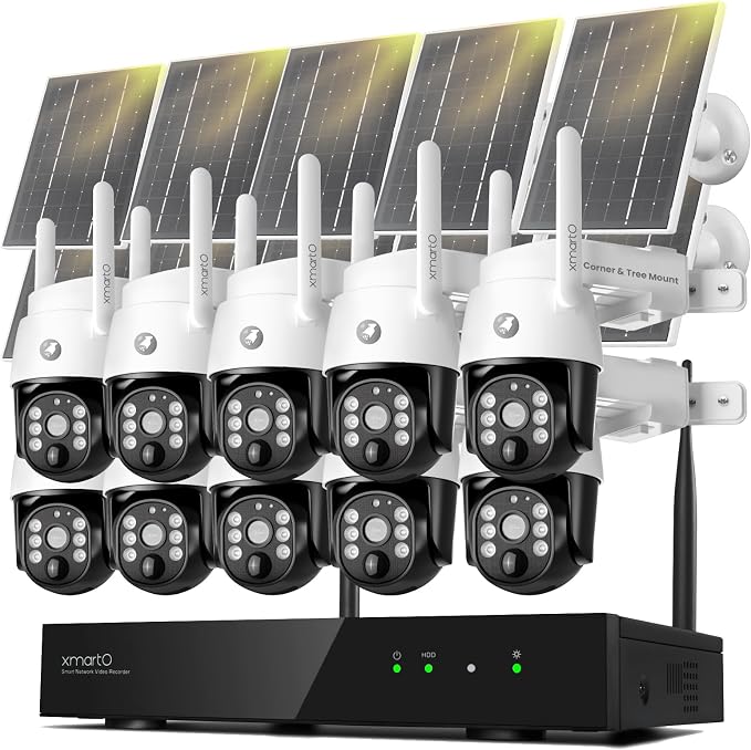 xmartO Virtual Bundle: 10CH 4K Dual WiFi6 NVR + 10x4MP QHD AI Auto Tracking Solar PTZ Security Cameras, Automotive-Grade Battery, 5G 1300ft H.265+, Wire-Free Outdoor Indoor for Wall/Tree/Pole/Ceiling