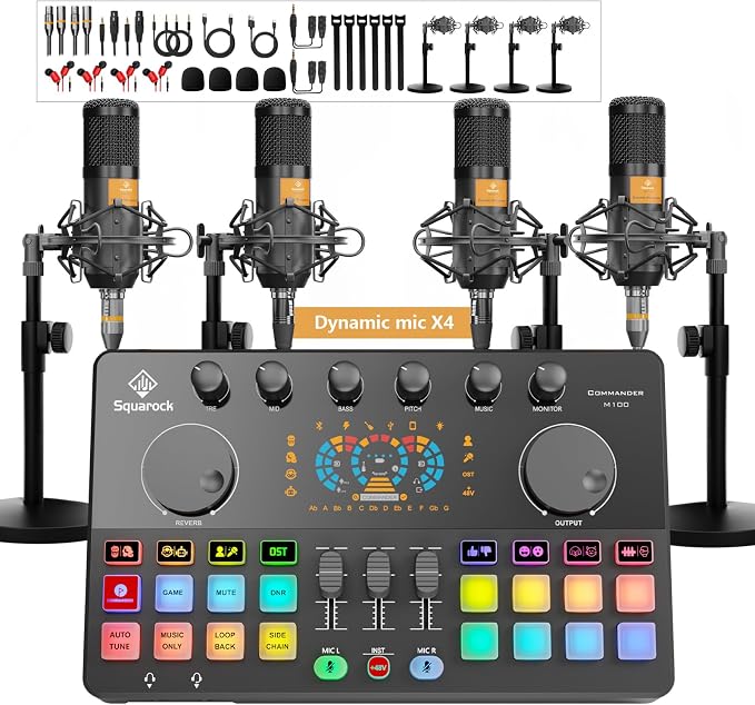 Podcast Equipment Bundle for 4, All-in-One Audio Mixer with Dynamic Micophones Noise Reduction for Live Streaming/Recording/Singing，PC,Smartphone，TikTok M100 3rd