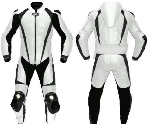 Motorcycle White and Black One Piece Leather Racing Suit CE Approved Protection (Large)