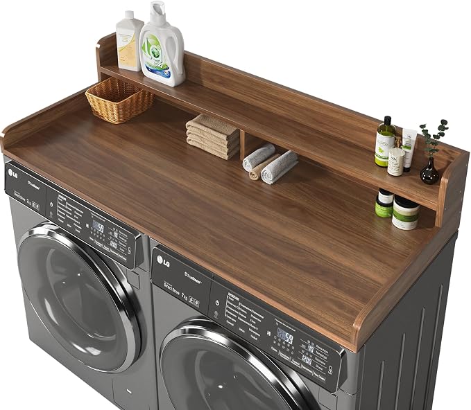 2-Tier Washer and Dryer Countertop,2.75" H Guard,58" W x 28" D Laundry Countertop Cover with Non-Slip Pad,Large Space Laundry Topper for Folding Clothes Over Washer and Dryer-Dark Walnut