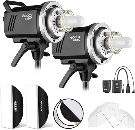 Godox 600W Photo Studio Strobe Flash Lighting Kit, 2xGodox MS300 300W 2.4G Monolight with Bowens Mount, 2xSoftbox, 1xAT-16 Trigger, 2xUmbrella, 1xReflector for Studio, Product, Portrait Photography
