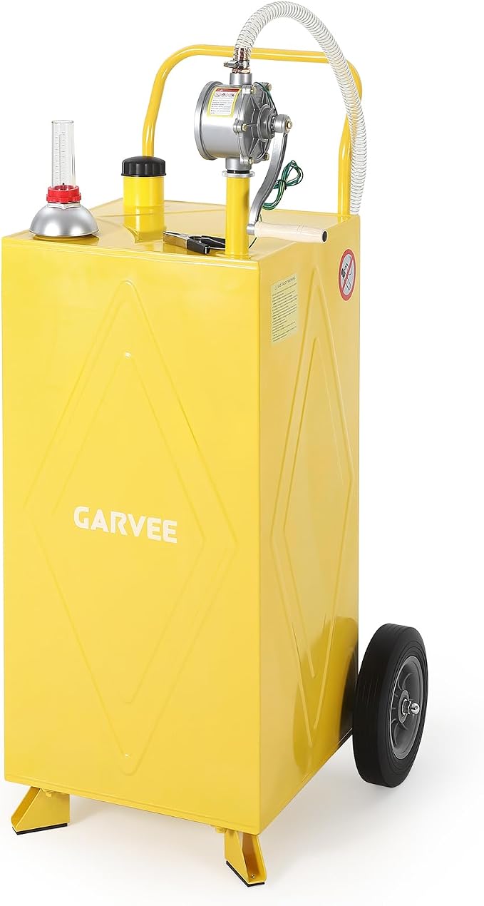 35 Gallon Fuel Gas Caddy Storage Tank, Portable Gas Caddy w/ Wheels, Reversible Manual Hand Pump & Fuel Hose, Anti-Static Grounding Clamp, Vent/Level Gauge, Wide Fill Neck, Gasoline/Diesel Transfer for ATV, Car, Mower, Tractor, Boat