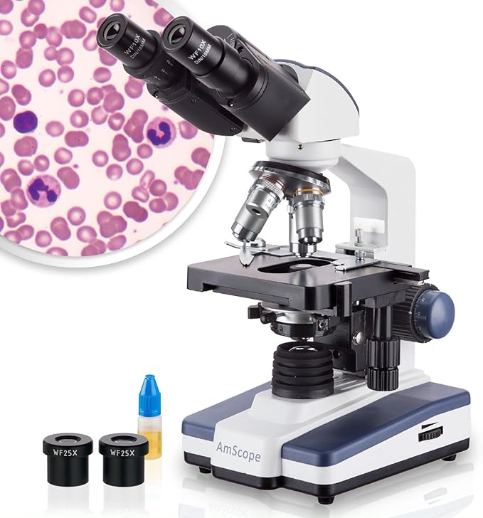 AmScope B120C Series & Professional LED Binocular Compound Microscope | 40X-2500X Magnification Range Compound Biological Microscope 3D Mechanical Stage Built-In LED Illumination