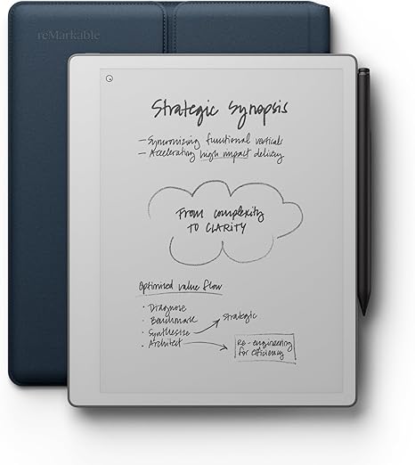 reMarkable Paper Pure with Marker Plus and Ocean Blue Sleeve Folio | 10.3” paper tablet with black and white display, e ink digital notebook for better thinking, writing, and reading