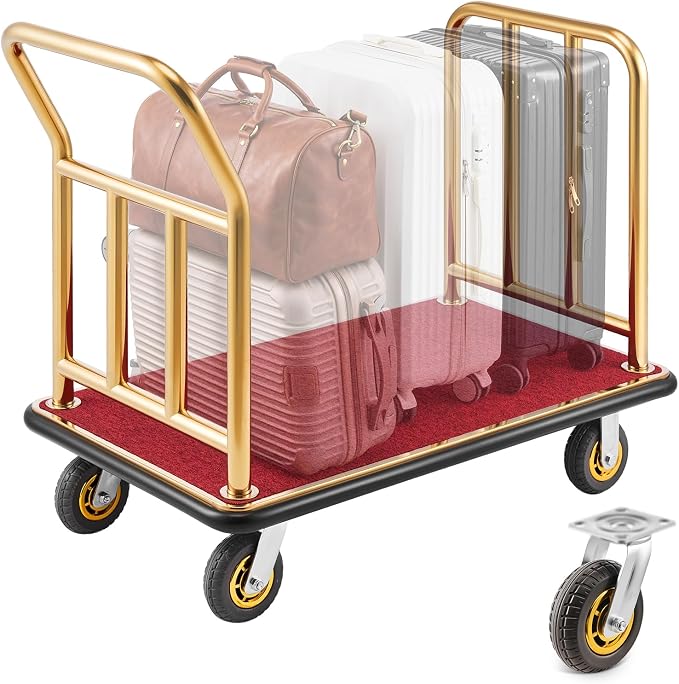 VEVOR Hotel Luggage Cart, 750 lbs Heavy Duty Bellman Cart with Stainless Steel Frame, 6 in Rubber Wheels, Red Carpeted Deck, Commercial Luggage Carrier Rolling Trolley for Hotels, Resorts, Gold