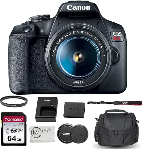 Canon EOS Rebel T7 DSLR Camera with 18-55mm Lens Bundled with 64GB Memory Card + Camera Bag + 58mm UV Filter + Microfiber Cleaning Cloth (5 Items)
