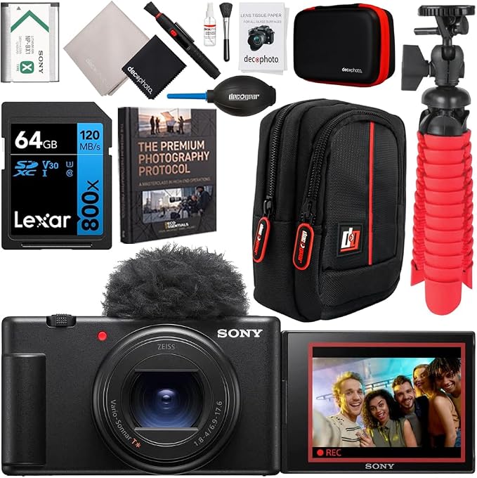 Sony ZV-1 II Vlog Camera w/ 4K Video & 20.1MP for Content Creators and Vloggers Black ZV-1M2/B Bundle w/Deco Gear Case + 64GB Memory Card + Grip/Tripod 2 in 1 + Photography Pro Kit + Accessories Kit