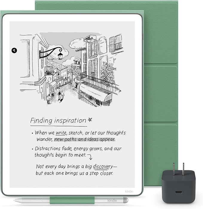 Amazon Kindle Scribe Essentials Bundle - Amazon Kindle Scribe (64GB) , Premium Pen, Plant-Based Leather Folio Cover-Matcha & Power Adapter