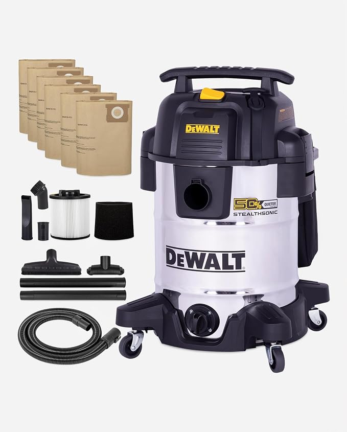 DEWALT 10 Gal Stealthsonic Shop Vacuum Wet and Dry, 5 Peak HP Heavy-Duty Stainless Steel Shop Vac, Ultra-Quiet with Complete Accessory Kit & 6 Dust Bags - Ideal for Job Sites, Workshops & Garages