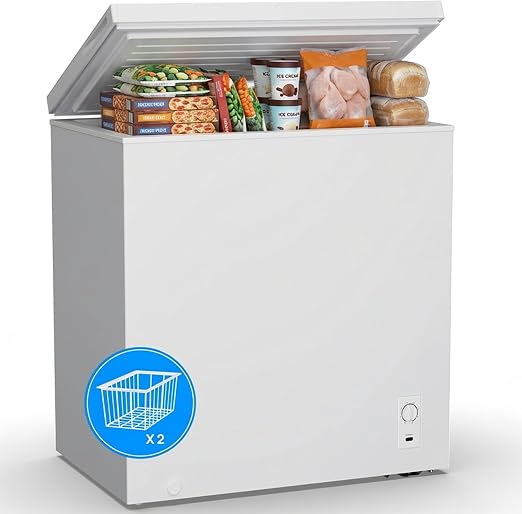 7.0 Cu.Ft Chest Freezer, Small Compact Deep Freezer with Adjustable 7 Thermostat,2 Removable Baskets, Energy Saving, Quiet Top Open Door Mini Meat Freezer with LED Light for Garage Outdoor Home Office