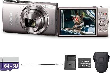 Canon PowerShot ELPH 360 HS A 20.2MP Digital Camera (Silver) Bundle | Compact Point & Shoot | For Travel & Family Photography | 12x Optical Zoom | Wi-Fi + 64GB Memory Card + Case (7283C001)