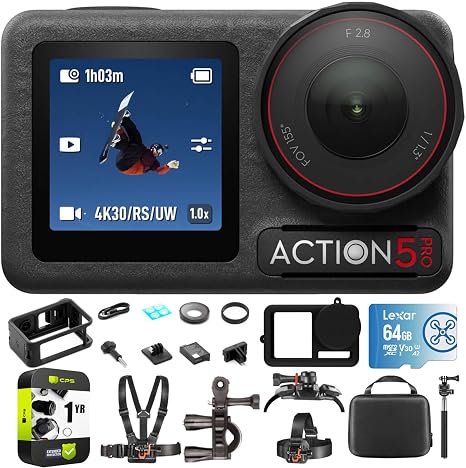 DJI Osmo Action 5 Pro Standard Combo, 4-Hour Battery, 4K Video Bundle with Outdoor Action Kit, 64GB microSDXC Card, Silicone Protective Case & 1 YR CPS Enhanced Protection Pack