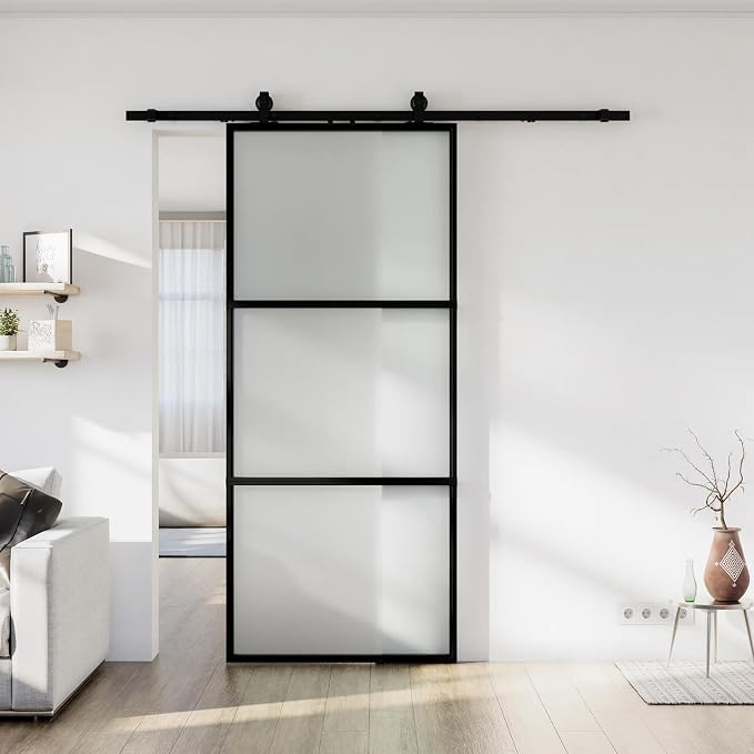 32 x 84 in Metal and Glass Sliding Barn Door with Installation Hardware Kit (Soft-Close Included)