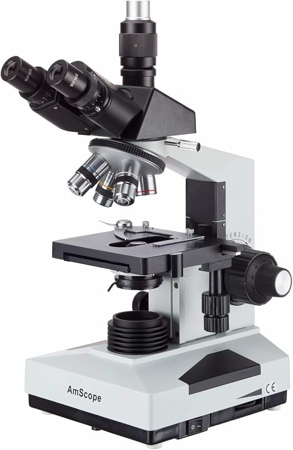 AmScope T490B Compound Trinocular Microscope, 2000X Magnification | 40X-2000X Magnification Range Compound Biological Microscope Mechanical Stage Built-In Condenser