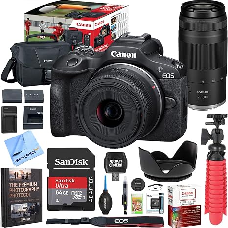 Canon EOS R100 Mirrorless Camera Double Zoom 2 Lens Kit RF-S 18-45mm and RF 75-300mm 6052C111 Bundle with Double Battery, Memory Card, Deluxe Case and Mini Tripod & Accessories