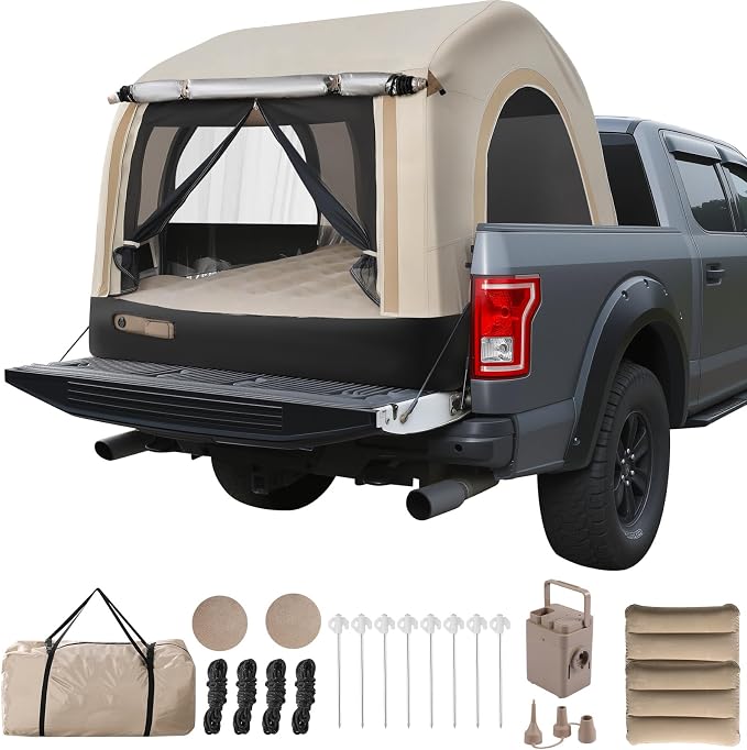 All-in-One Inflatable Truck Bed Tent with Mattress for 5.5-6.5FT,Built in Wireless Rechargeable Air Pump,3 Mins Fast Setup,Waterproof PU 2000MM Pickup Truck Tent for Camping Road Trip