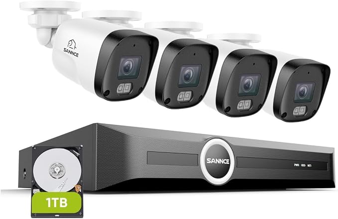 SANNCE 2K 3MP PoE Security Camera System - 8CH 6MP NVR with 4PCS 3MP HD Bullet Surveillance Cameras, IP67 Weatherproof, Smart IR LED, APP Push Alert, Remote Access (1TB HDD)