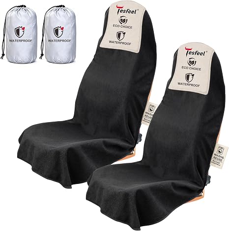 Car Seat Cover Towel GRS Certified Recycled, Waterproof & Washable, Non-Slip Universal Fit for Cars SUVs, Sweat Protection for Gym, Kids, Pets & Travel (Black, 2 Pack)