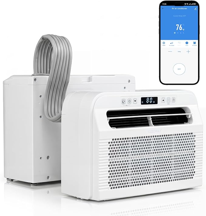 COSTWAY RV Window Air Conditioner, 6500 BTU Window AC Unit w/WiFi APP Voice Control, 24H Timer & Quiet Operation, 4-in-1 Cooling Fan Dehumidifier Sleep Mode for Caravan & Motorhome