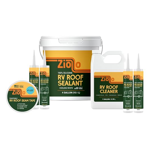 Ziollo RV 30 ft Roof Repair Kit - Roof Repair Kit to Seal and Waterproof, Bond to EPDM Rubber with Sealant (1 Paintable Tape, 4 pk Caulking, 1 Cleaner and 4G Silicone Pail)
