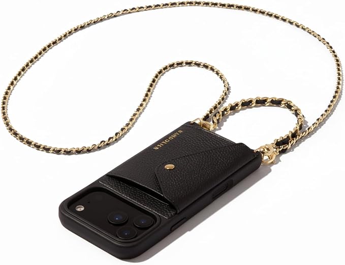 Bandolier Lily Crossbody Phone Case For iPhone 17 Pro Max In 100% Genuine Pebble Leather With Black Color And Gold Hardware Featuring Removable Crossbody And Wristlet Strap