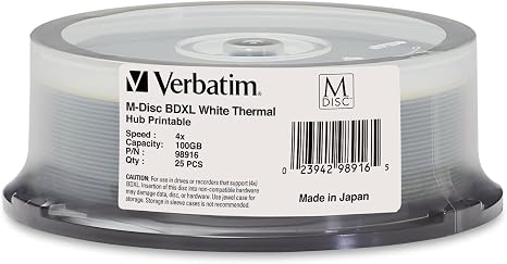 Verbatim M DISC BDXL 100GB 4X White Thermal Hub Printable - 25pk Spindle
