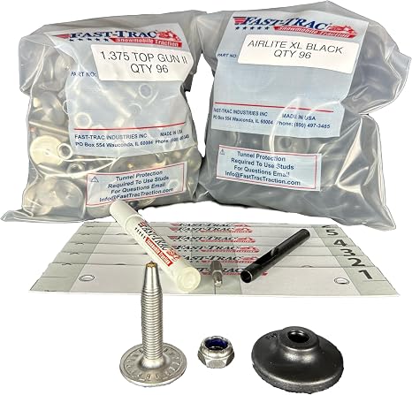 Fast-Trac 1.375” Top Gun II Snowmobile Studs Kit Qty 96, Rust-Free & Lightweight, Includes Install Tools & Template, for Arctic Cat, Polaris, Yamaha 1.25/1.35 2-Ply Tracks