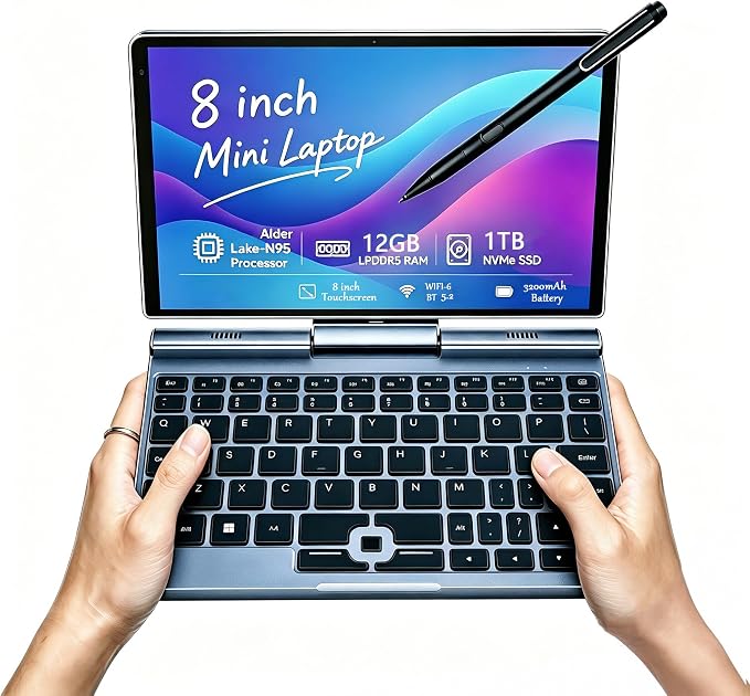 8" 2-in-1 Mini Laptop, Intel N95, 12GB RAM, 1TB SSD | Compact laptop with touchscreen, stylus support, HDMI, USB-C, Wi-Fi 6 and BT 5.2 for work, travel,study and entertainment