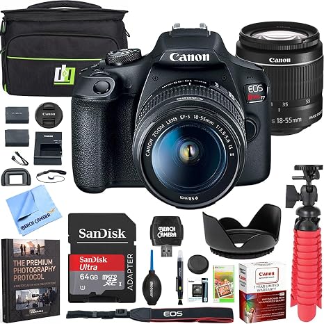 Canon EOS Rebel T7 DSLR Camera Bundle | USA Warranty with EF-S 18-55mm IS II Lens, 24.1MP, WiFi, Deco Gear Case, Double Battery, 64GB Card, Cleaning Kit &Mini Tripod