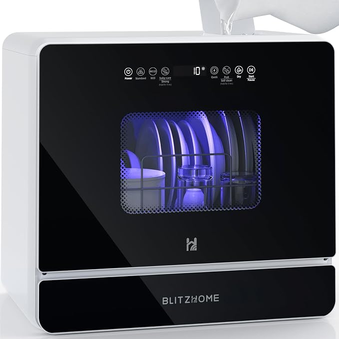 Countertop Portable Dishwasher, 9 Programs, 167℉ High-Temp, 360° 3 Spray, 24H Timing, Hot Air Drying, Air Refresh, Baby-Care, LED Light, 5.2L Built-in Water Tank for Apartments RVs