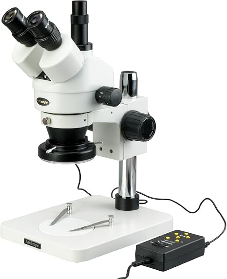 AmScope SM-1TSX-144A Professional Trinocular Stereo Zoom Microscope | 3.5X-45X Magnification Includes 0.5X Barlow Lens 144 LED Ring Light 0.7X-4.5X Zoom Objective WH10x Eyepiece