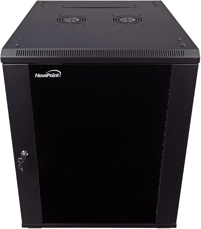 NavePoint 15U Server Cabinet Wall Mount Rack Enclosure with Caster Wheels, 2 Fans, Locking Glass Door, Removable Side Panels – 15U Network Cabinet 23.6” Deep, 19” Server Rack for IT Equipment
