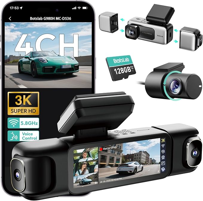BOTSLAB 4 Channel 360° Dash Cam, 128GB Card, Voice Control, App Control