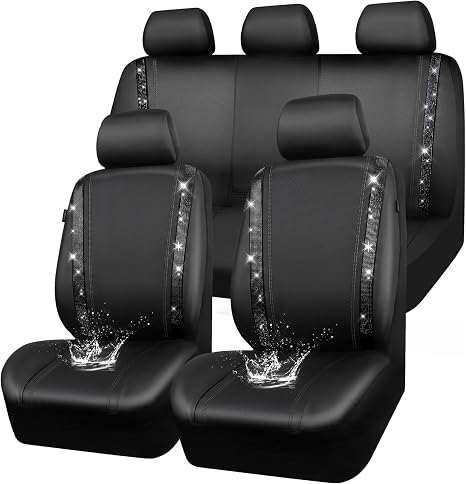 CAR PASS Leather Bling Diamond Car Seat Covers Full Set, Shining Rhinestone Waterproof Durable Rear with Zipper, Universal Fit Automotive Glitter Crystal Sparkle Strip for Cute Women Girly Black