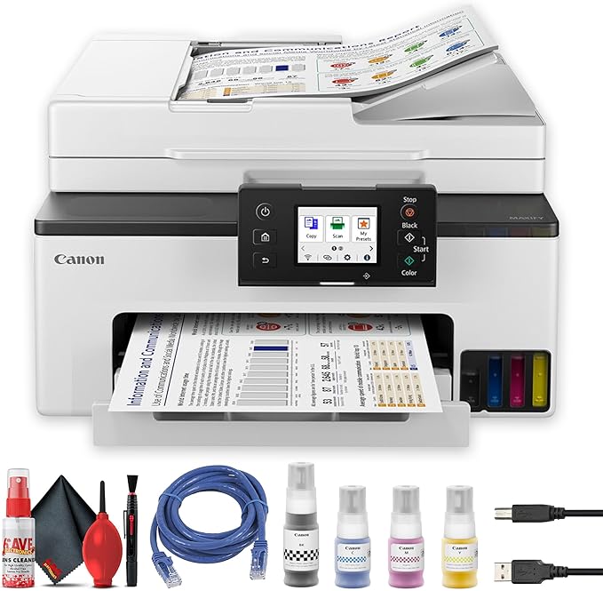 Canon MAXIFY GX2020 Wireless MegaTank All-in-One Color Printer Bundle | For Home Office Small Business High Volume Documents | Print Copy Scan Fax + Ethernet Cable + Cleaning Kit + More