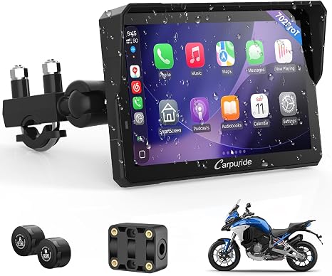 Carpuride W702T PRO 7" Motorcycle with CarPlay & Android Auto & TPMS | 7" Waterproof GPS Navigation Screen, Music Sharing, Intercom, EQ, Light Sensor, Compass, Barometer