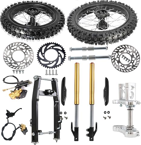 Complete Offroad Wheel & Suspension Kit – 60/100-14 Front Wheel, 80/100-12 Rear Wheel, 630mm Front Fork, Disc Brakes for 50cc-125cc Dirt Pit Bikes SSR CRF50 XR70 (With Swingarm)