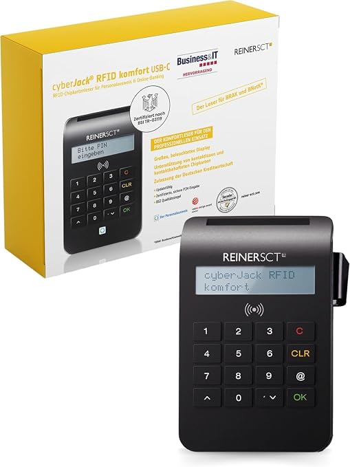 REINER SCT CyberJack RFID Comfort USB-C Smart Card Reader | For online banking, ID card (eID) and RFID smart cards. With USB-C and secure TAN function.