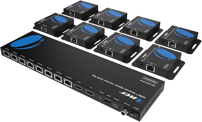 OREI 4K 1x8 HDMI Extender Splitter Multiple Over CAT 6/7 Cable with EDID management - 4K@30Hz upto 165ft and 1080p@60Hz upto 230ft- Loop Out | 1x8 HDMI Extender – HDMI 1.4, 10.2Gbps, Dolby TrueHD, DTS-HD Master Audio, Plug & Play, Metal Housing, PoC Suppo