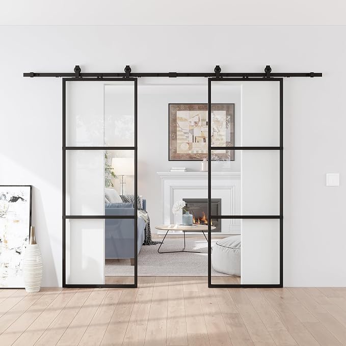 64 x 84 in Metal and Glass Sliding Double Barn Door with Installation Hardware Kit (Soft-Close Included)