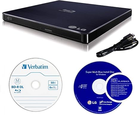 LG 6X WP50NB40 External Portable Blu-ray Burner in Retail Box Bundle with 50GB Verbatim M-Disc BD-R DL and Cyberlink Burning Software
