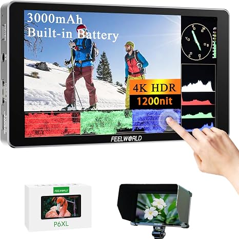 FEELWORLD P6XL 6 Inch Camera Monitor, 1200nit IPS Touch Screen 1920x1080 Built-in 3000mAh Battery Camera Field Monitor with Sunshade, Video Assist HDR Waveform Focus Peaking 3D LUT 4K HDMI