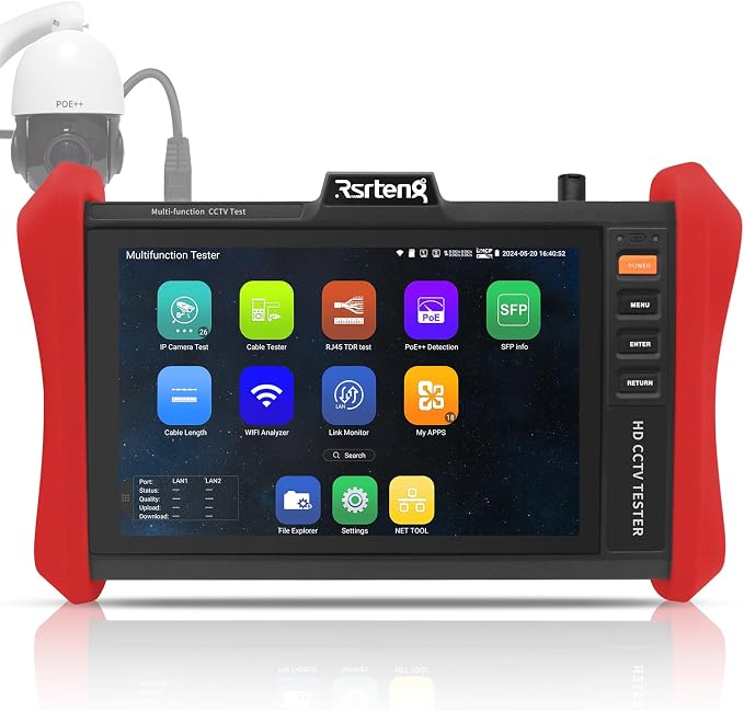 Rsrteng CCTV Tester 4K 12MP IP Camera Tester POE++ Max 90W POE Camera Test 8" 1920x1200 IPS Touch Screen 1CH SFP Module WiFi Network Tools Cable Test POE Detection Power Management APP Update