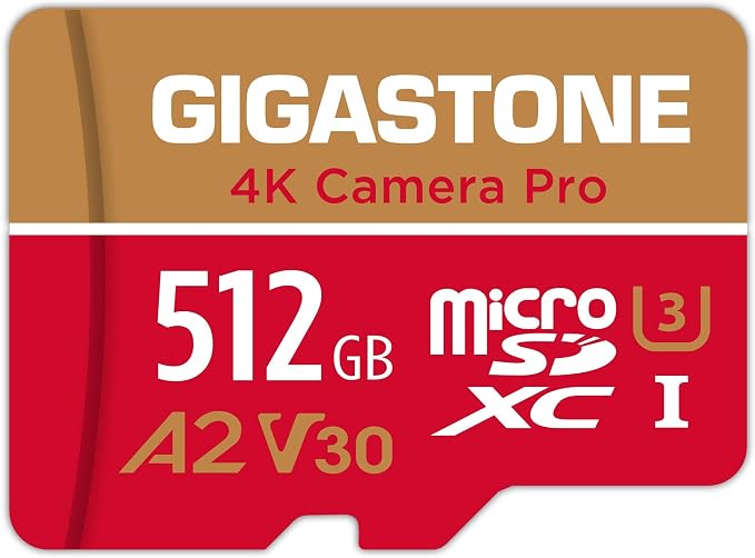 【5-Yrs Free Data Recovery】 GIGASTONE 512GB Micro SD Card, 4K Camera Pro, A2 V30 for Smartphone, Gopro, Action Cams, 4K UHD Video Recording, R/W up to 150/120 MB/s, UHS-I U3 C10 Class 10 with Adapter