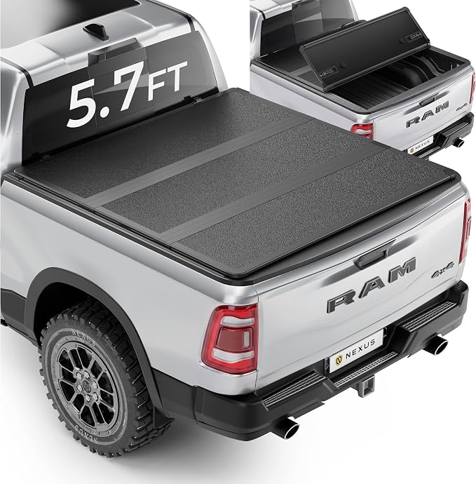 NEXUS Hard Folding Truck Bed Tonneau Cover Compatiable with Dodge Ram 1500 5.7FT Bed w/o RamBox 2009-2026, No-Drill Installation Weather-Resistant Heavy Duty Hard Tri Fold Bed Cover Anti-Theft (67.4")